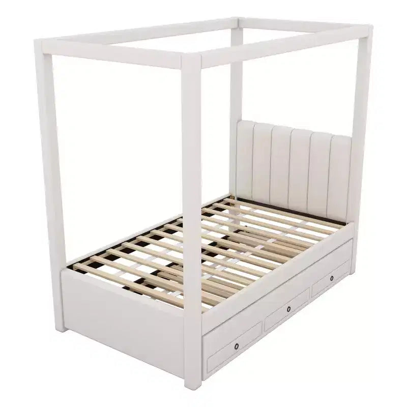 Luxystar Modern Canopy Platform Bed with Upholstery headboard, Trundle and 3 Drawers, Beige