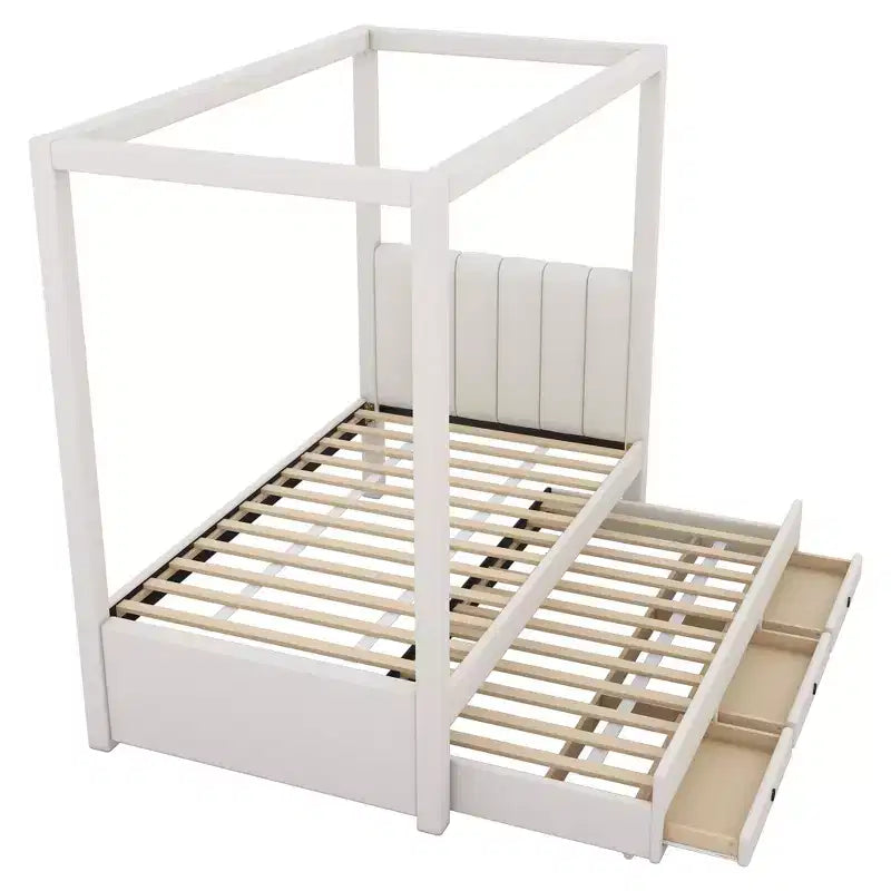 Luxystar Modern Canopy Platform Bed with Upholstery headboard, Trundle and 3 Drawers, Beige