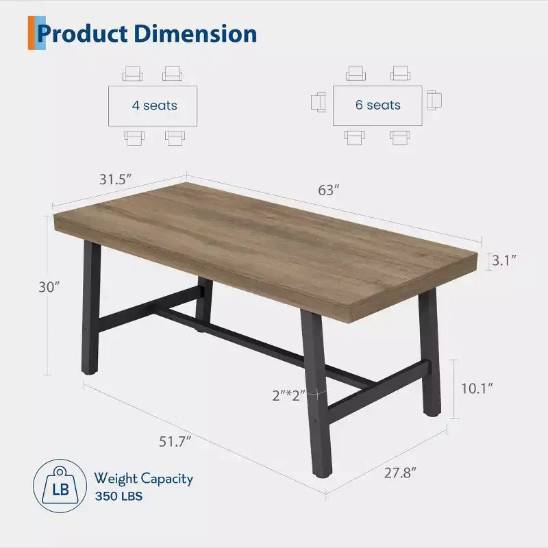 Industrial Wooden Dining Table for 4-6 People, 63 Long Rectangular Kitchen Table with Metal Legs, Dinner Table for Dining Room, No Chairs