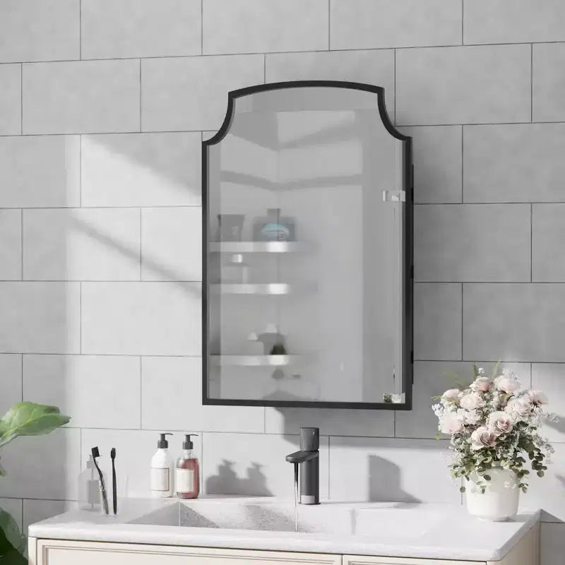 19.5 x 29.64 Inch Gold Slightly Arch Wrought Iron Framed Medicine Cabinet With Mirror, Wall-mounted Mirror Cabinet For Bathroom