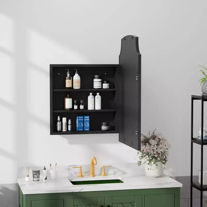 19.5 x 29.64 Inch Gold Slightly Arch Wrought Iron Framed Medicine Cabinet With Mirror, Wall-mounted Mirror Cabinet For Bathroom