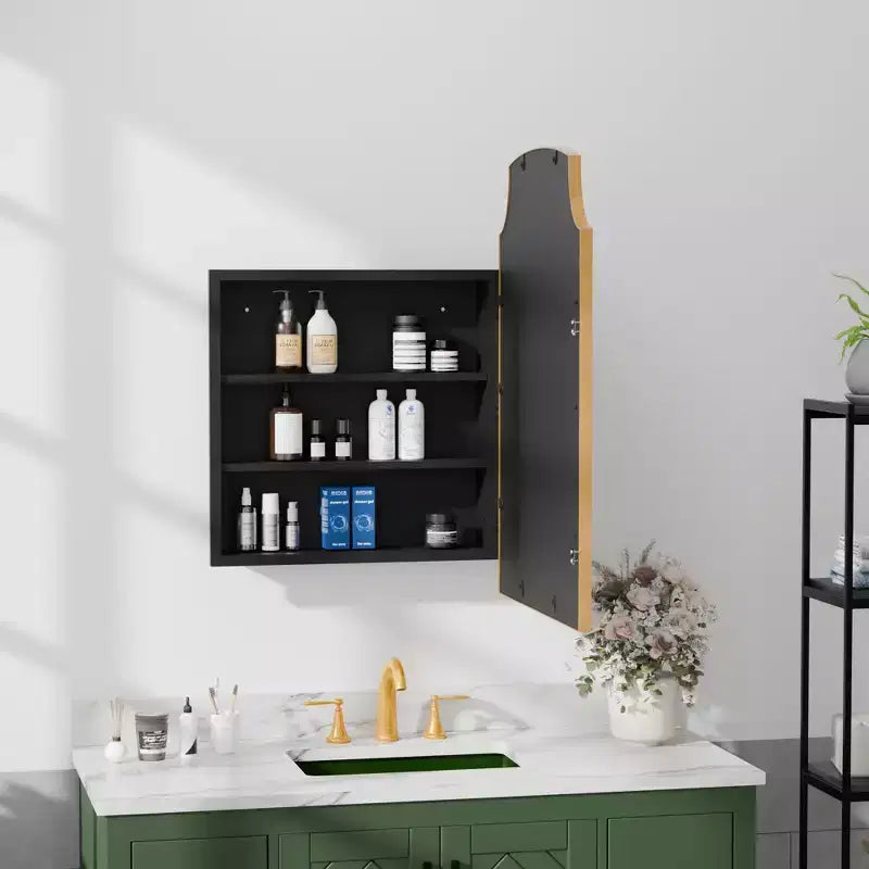 19.5 x 29.64 Inch Gold Slightly Arch Wrought Iron Framed Medicine Cabinet With Mirror, Wall-mounted Mirror Cabinet For Bathroom