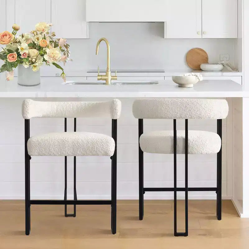 Set of 2 Boucle Counter Height Bar Stools, 24.5 Modern Kitchen Island Tripod Stools with Arms, Curved Back, Black Metal Legs - Panipeachy