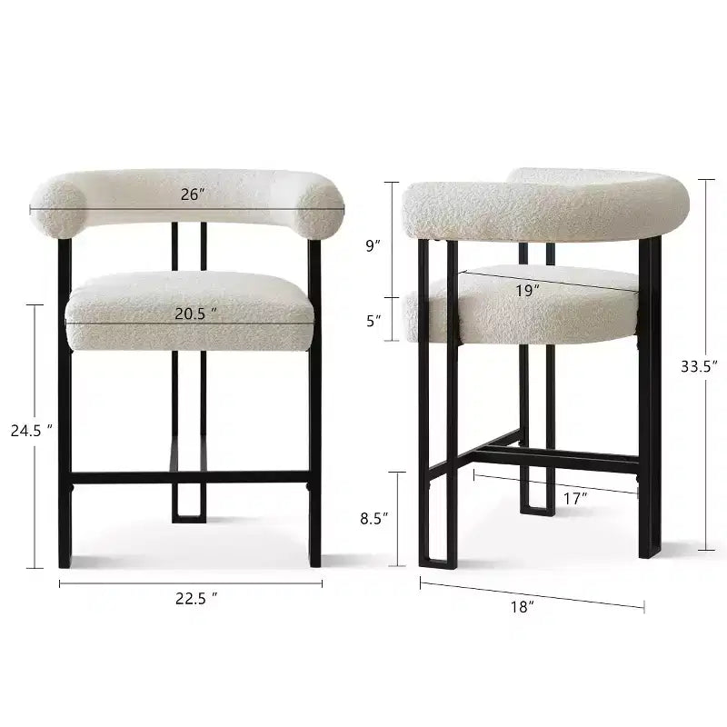 Set of 2 Boucle Counter Height Bar Stools, 24.5 Modern Kitchen Island Tripod Stools with Arms, Curved Back, Black Metal Legs - Panipeachy