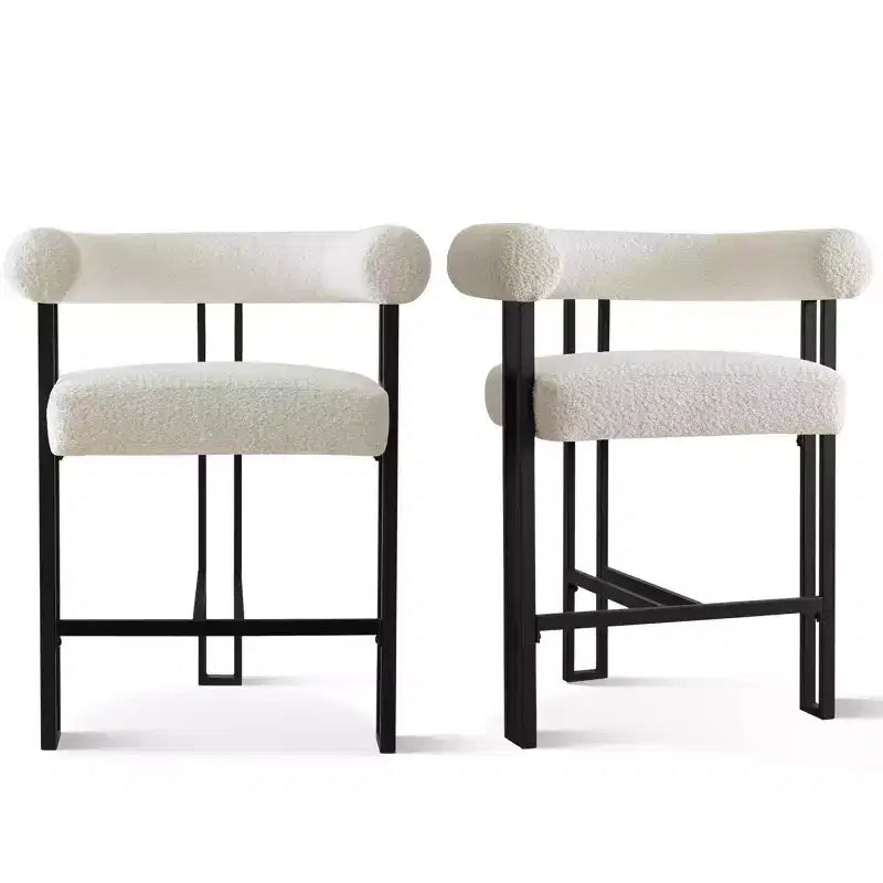 Set of 2 Boucle Counter Height Bar Stools, 24.5 Modern Kitchen Island Tripod Stools with Arms, Curved Back, Black Metal Legs - Panipeachy