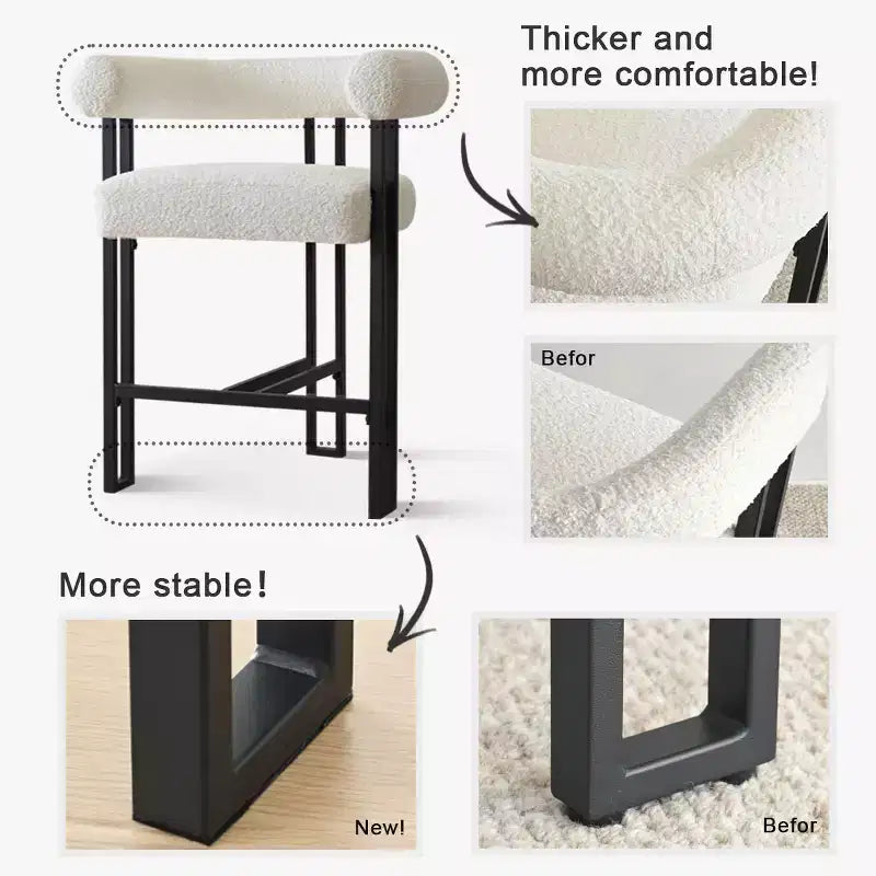 Set of 2 Boucle Counter Height Bar Stools, 24.5 Modern Kitchen Island Tripod Stools with Arms, Curved Back, Black Metal Legs - Panipeachy