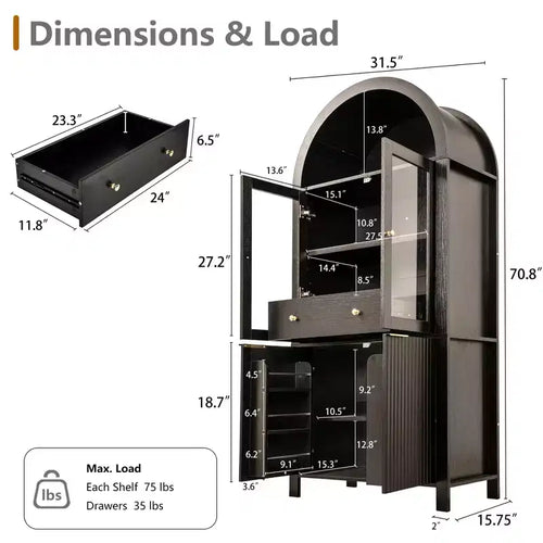 Grand buffet haut cintré cannelé de 180 cm avec étagères réglables, meuble de rangement élégant avec tiroir caché et porte vitrée