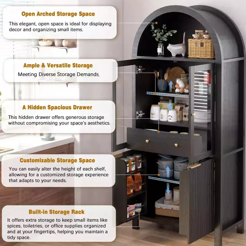 71 Fluted Tall Arched Pantry Cabinet with Adjustable Shelves, Elegant Display Storage with Hidden Drawer & Glass Door
