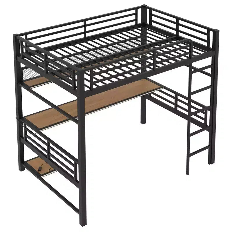 Luxystar Full Size Metal Loft Bed with Desk, Storage Shelf, Computer and Host Stand, Black
