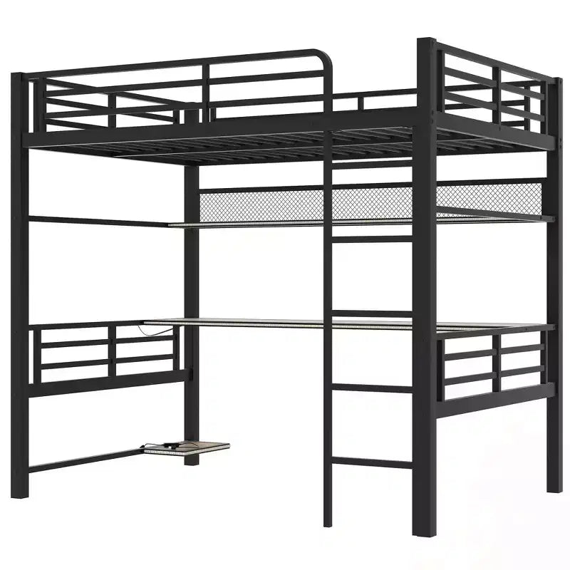 Luxystar Full Size Metal Loft Bed with Desk, Storage Shelf, Computer and Host Stand, Black