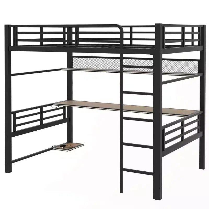 Luxystar Full Size Metal Loft Bed with Desk, Storage Shelf, Computer and Host Stand, Black