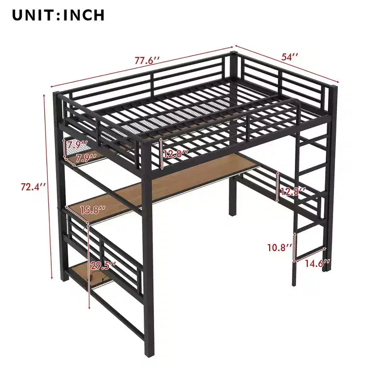 Luxystar Full Size Metal Loft Bed with Desk, Storage Shelf, Computer and Host Stand, Black