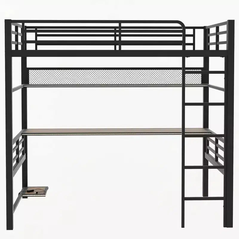 Luxystar Full Size Metal Loft Bed with Desk, Storage Shelf, Computer and Host Stand, Black