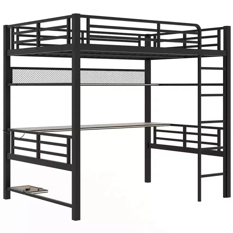 Luxystar Full Size Metal Loft Bed with Desk, Storage Shelf, Computer and Host Stand, Black