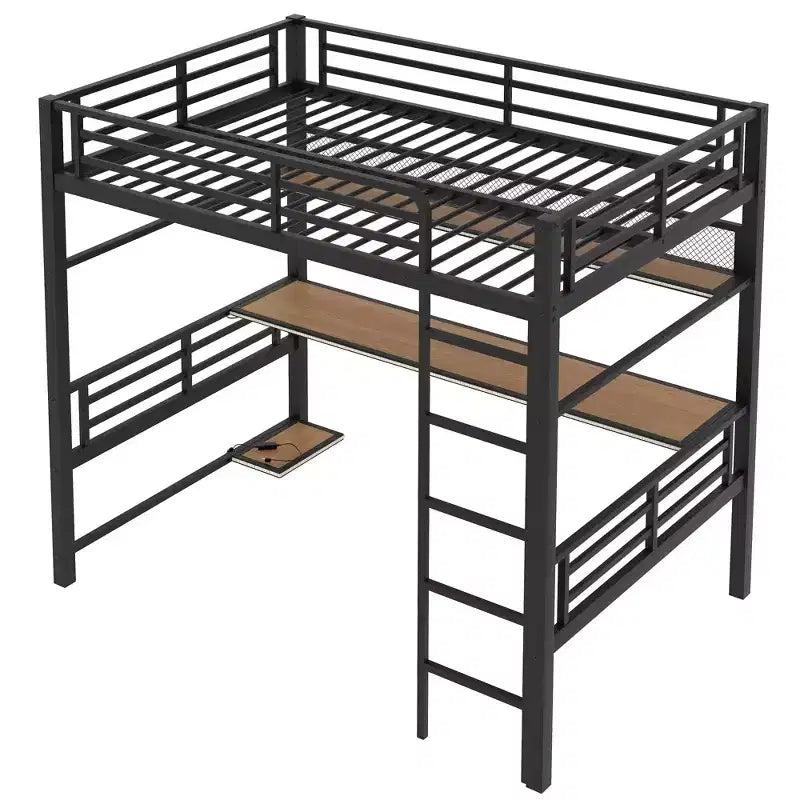 Luxystar Full Size Metal Loft Bed with Desk, Storage Shelf, Computer and Host Stand, Black