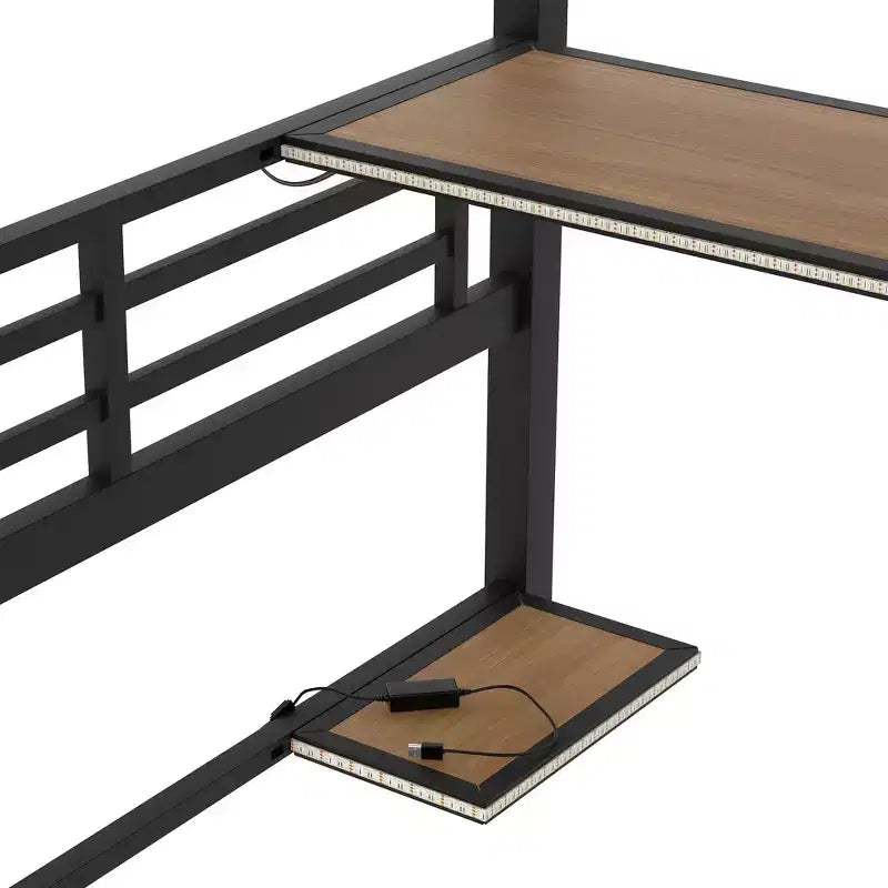 Luxystar Full Size Metal Loft Bed with Desk, Storage Shelf, Computer and Host Stand, Black
