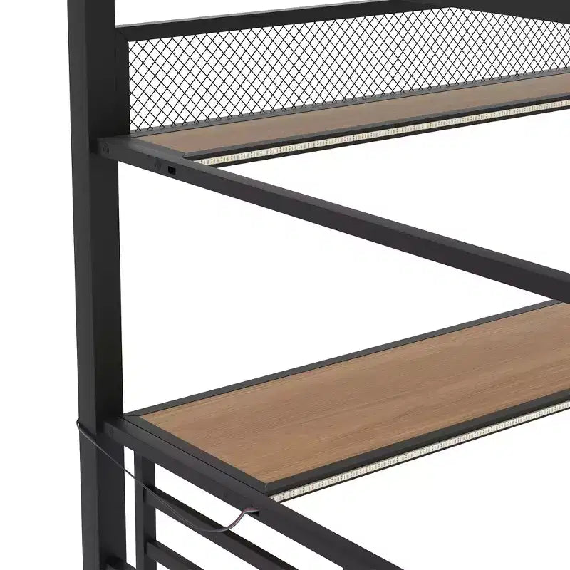 Luxystar Full Size Metal Loft Bed with Desk, Storage Shelf, Computer and Host Stand, Black