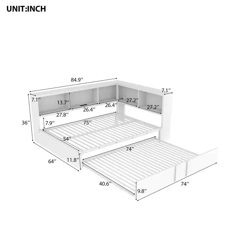 Luxystar Full Size Metal Daybed with Trundle, 5 Storage Cabinets, White