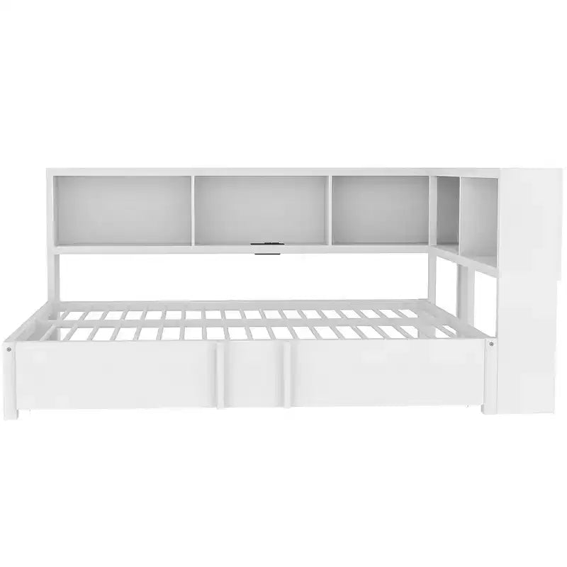 Luxystar Full Size Metal Daybed with Trundle, 5 Storage Cabinets, White