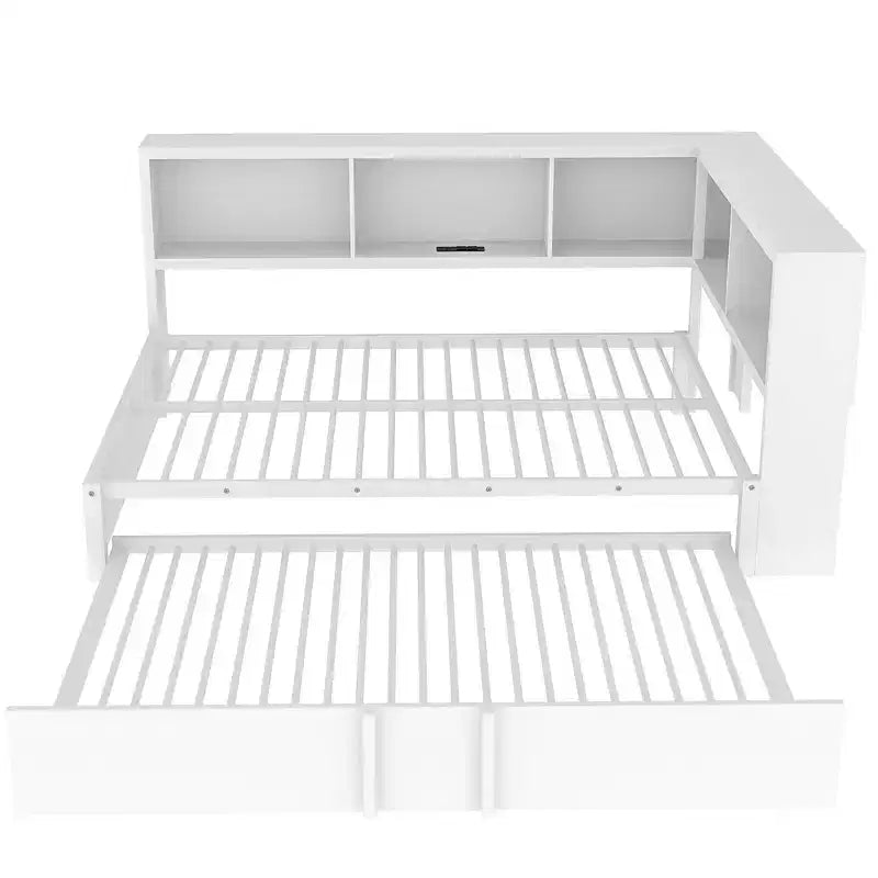 Luxystar Full Size Metal Daybed with Trundle, 5 Storage Cabinets, White