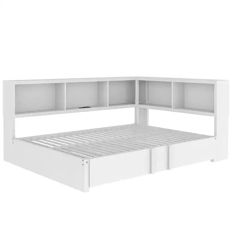 Luxystar Full Size Metal Daybed with Trundle, 5 Storage Cabinets, White
