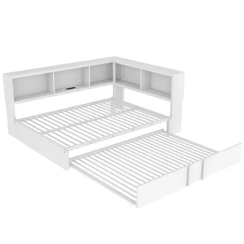 Luxystar Full Size Metal Daybed with Trundle, 5 Storage Cabinets, White