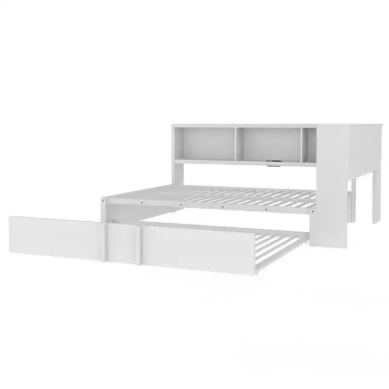Luxystar Full Size Metal Daybed with Trundle, 5 Storage Cabinets, White