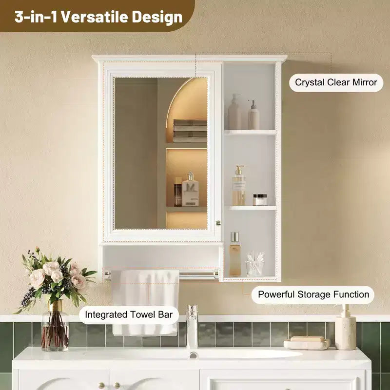 GDFStudio Nataly 24 Minimalist 3-in-1 Bathroom Mirror Cabinet with High-Define Mirror and Tower Bar