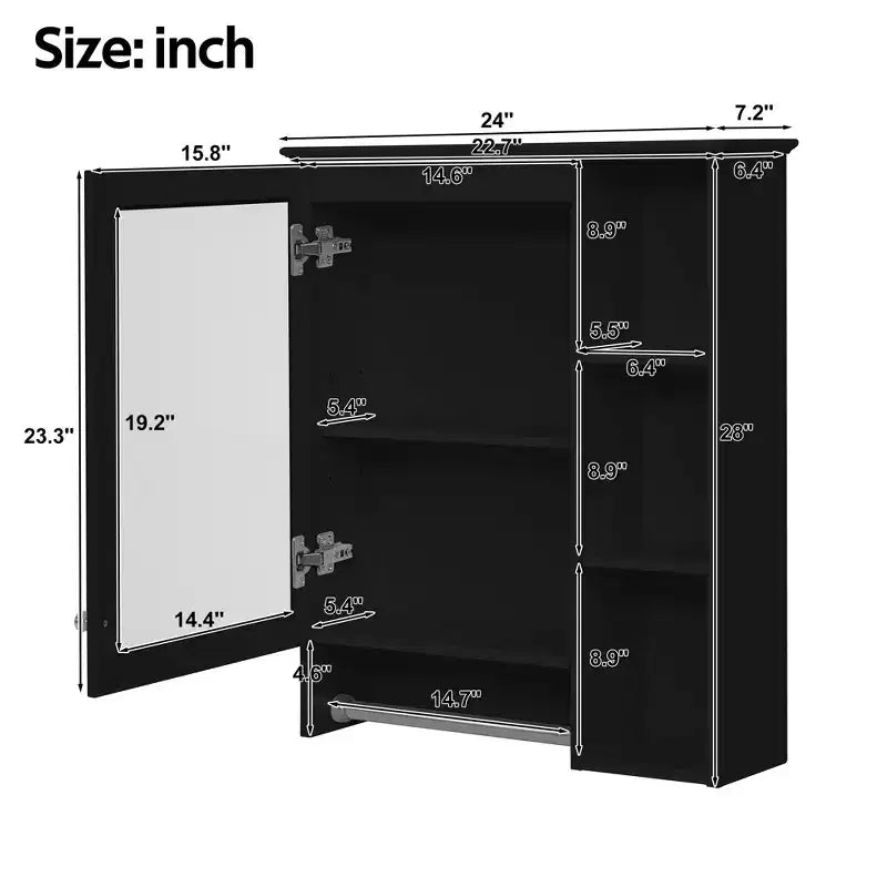 GDFStudio Nataly 24 Minimalist 3-in-1 Bathroom Mirror Cabinet with High-Define Mirror and Tower Bar
