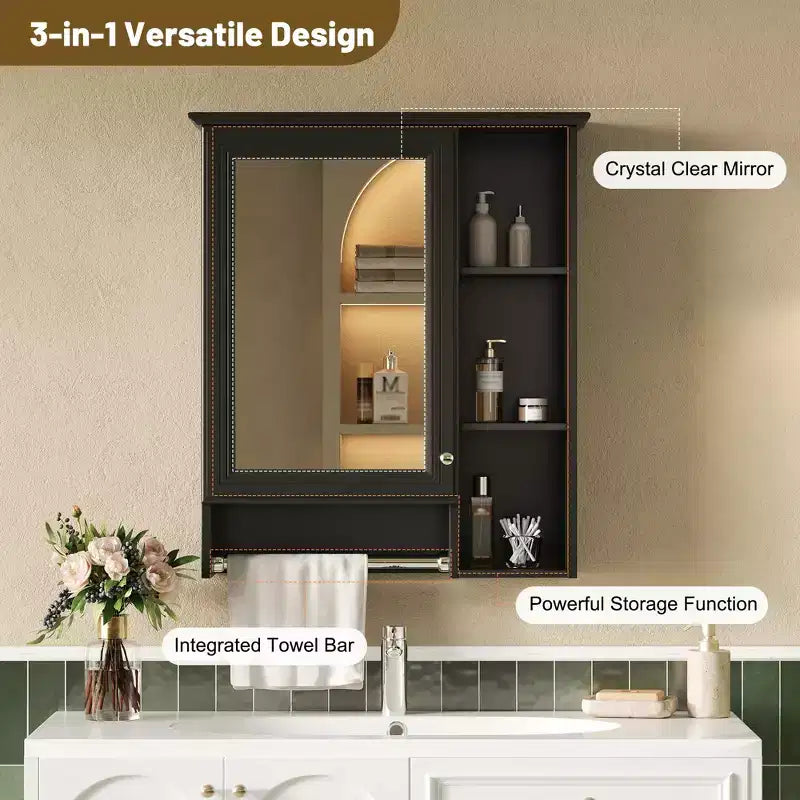 GDFStudio Nataly 24 Minimalist 3-in-1 Bathroom Mirror Cabinet with High-Define Mirror and Tower Bar
