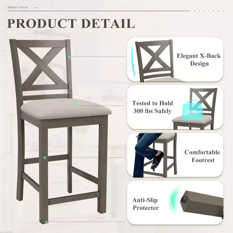 Ergonomic Bar Stools with X-Back Design, Breathable Fabric Comfortable Footrest for Dining Room, Bar, Restaurant, Caf