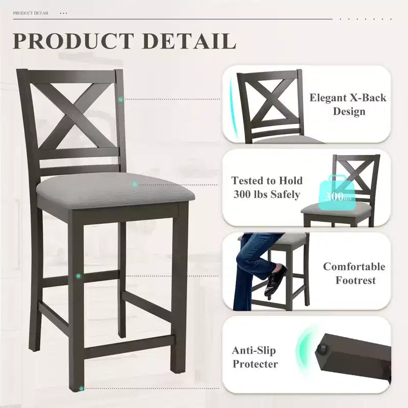 Ergonomic Bar Stools with X-Back Design, Breathable Fabric Comfortable Footrest for Dining Room, Bar, Restaurant, Caf