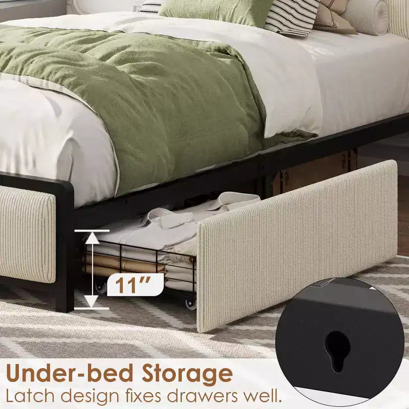 Twin XL Platform Bed Frame with 2 Storage Drawers & Charging Headboard - Rustic Linen Upholstery, 800lb Heavy Duty Support, USB-C/USB Ports Include