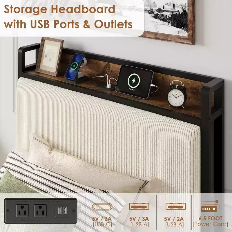 Twin XL Platform Bed Frame with 2 Storage Drawers & Charging Headboard - Rustic Linen Upholstery, 800lb Heavy Duty Support, USB-C/USB Ports Include