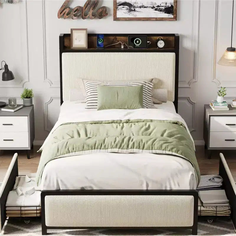 Twin XL Platform Bed Frame with 2 Storage Drawers & Charging Headboard - Rustic Linen Upholstery, 800lb Heavy Duty Support, USB-C/USB Ports Include