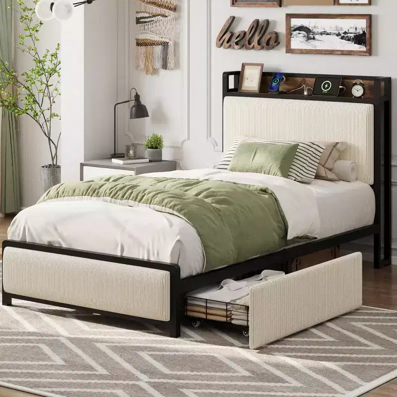 Twin XL Platform Bed Frame with 2 Storage Drawers & Charging Headboard - Rustic Linen Upholstery, 800lb Heavy Duty Support, USB-C/USB Ports Include