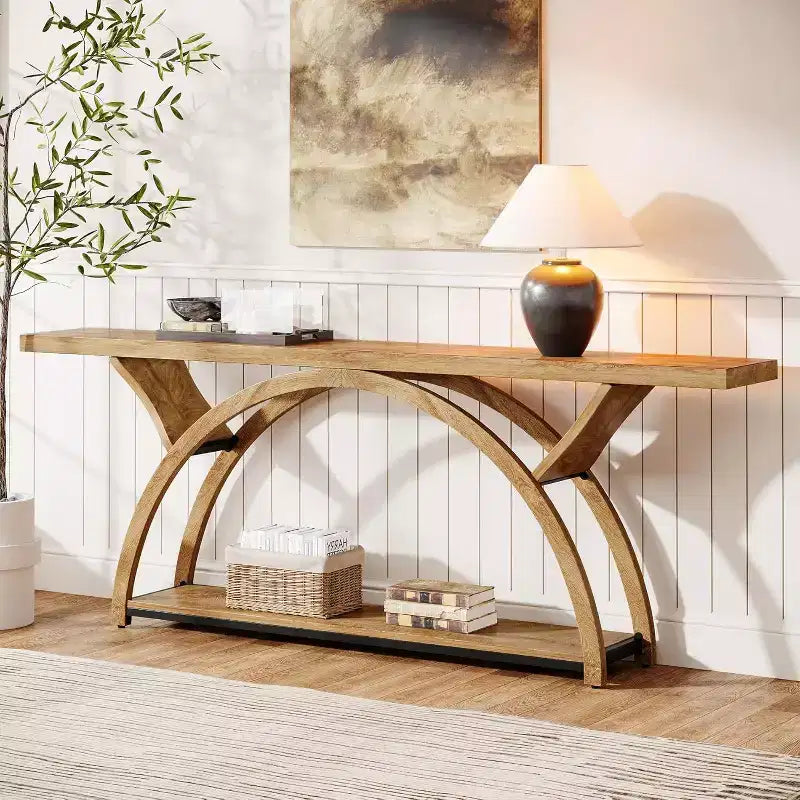 Lantine 70.87 Console Table, Industrial Sofa Table with 2 Tiers Storage Shelves for Living Room, Hallway, Entrance, Foyer (Light Brown)