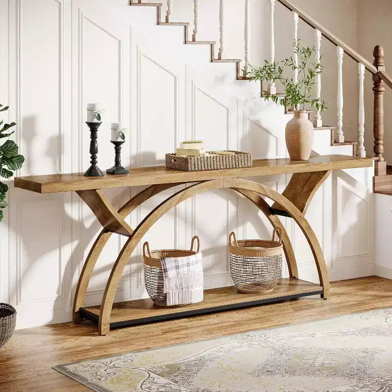 Lantine 70.87 Console Table, Industrial Sofa Table with 2 Tiers Storage Shelves for Living Room, Hallway, Entrance, Foyer (Light Brown)