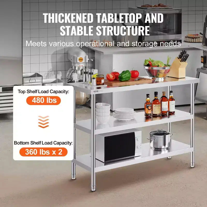 VIYET 34 Stainless Steel Food Prep Table - 2 Adjustable Undershelves, Heavy Duty Metal,Silver