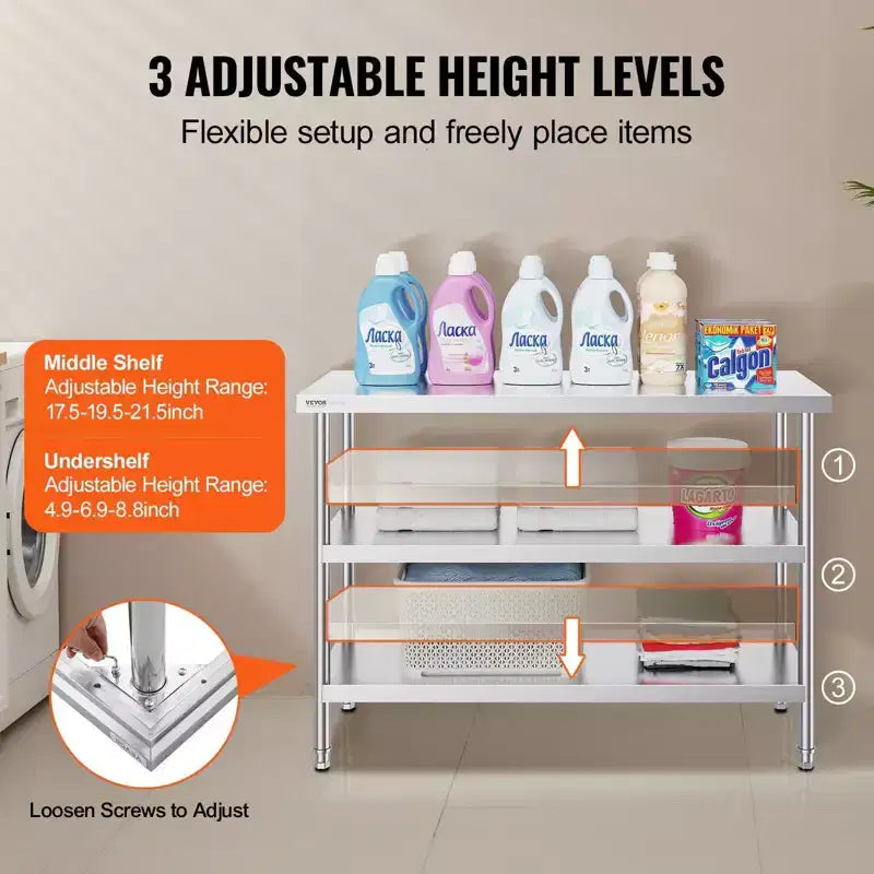VIYET 34 Stainless Steel Food Prep Table - 2 Adjustable Undershelves, Heavy Duty Metal,Silver
