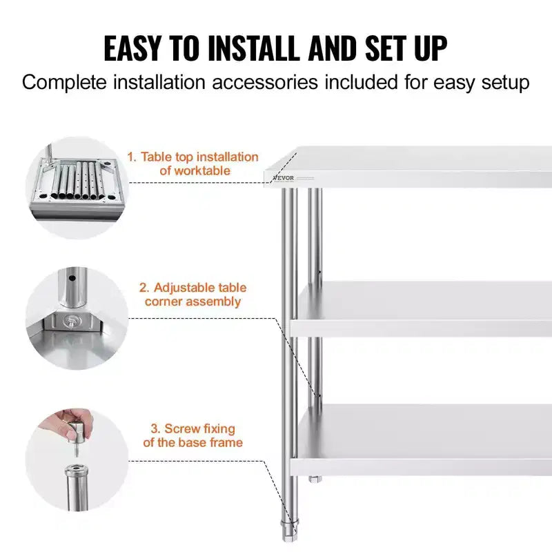 VIYET 34 Stainless Steel Food Prep Table - 2 Adjustable Undershelves, Heavy Duty Metal,Silver