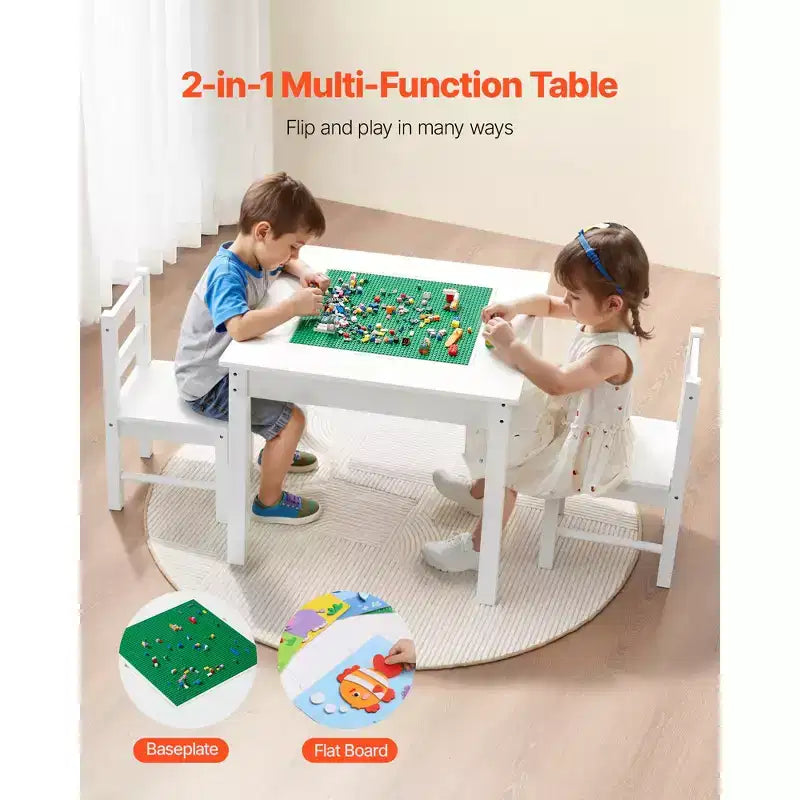 VEVOR Kids Activity Table and 2 Chairs Set, Building Blocks Double-Sided Tabletop, Toddler Table and Chair Set with Storage, White