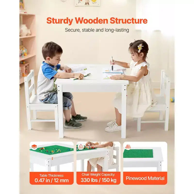 VEVOR Kids Activity Table and 2 Chairs Set, Building Blocks Double-Sided Tabletop, Toddler Table and Chair Set with Storage, White