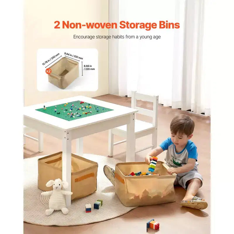 VEVOR Kids Activity Table and 2 Chairs Set, Building Blocks Double-Sided Tabletop, Toddler Table and Chair Set with Storage, White
