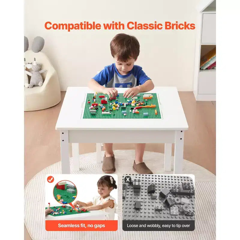 VEVOR Kids Activity Table and 2 Chairs Set, Building Blocks Double-Sided Tabletop, Toddler Table and Chair Set with Storage, White