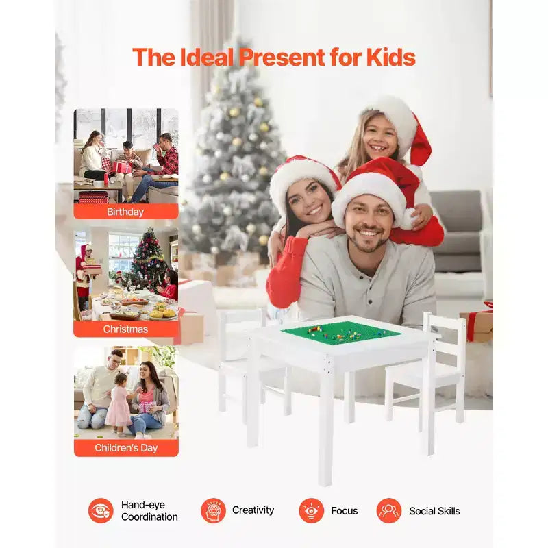 VEVOR Kids Activity Table and 2 Chairs Set, Building Blocks Double-Sided Tabletop, Toddler Table and Chair Set with Storage, White