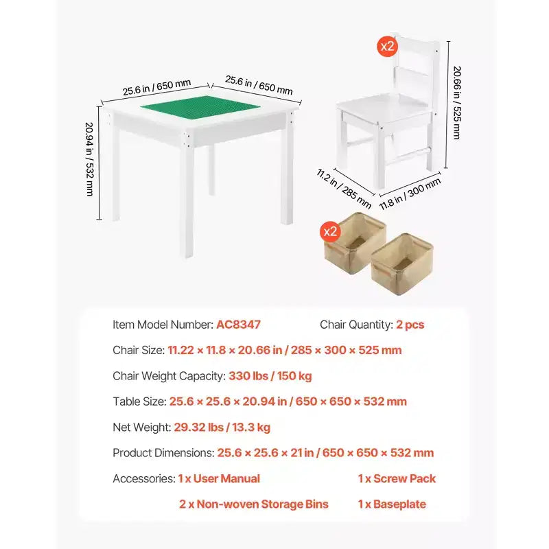 VEVOR Kids Activity Table and 2 Chairs Set, Building Blocks Double-Sided Tabletop, Toddler Table and Chair Set with Storage, White