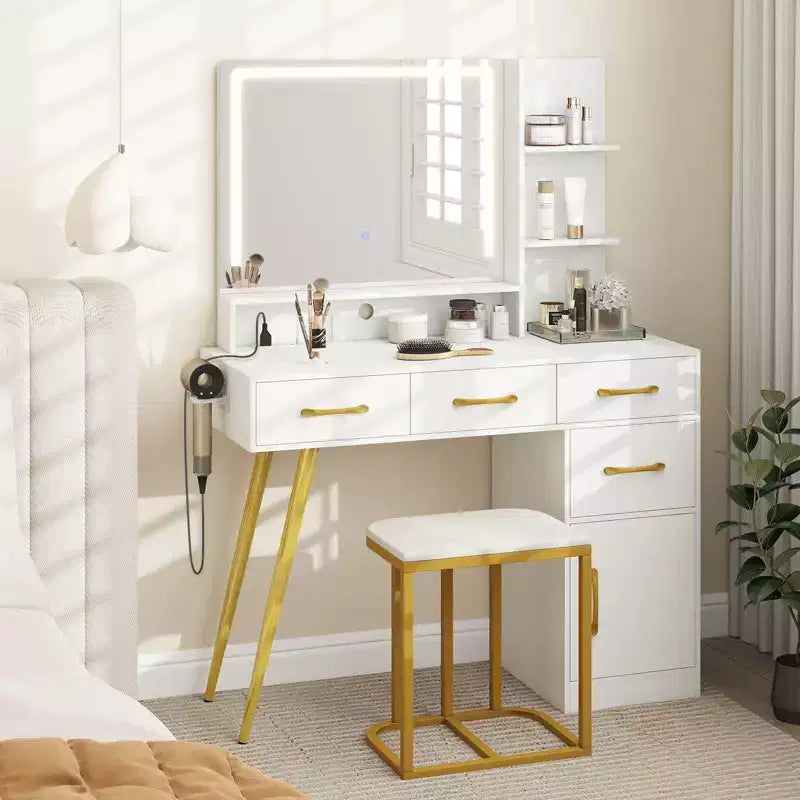 Costway Modern Vanity Desk Set with Charging Station,Hair Dryer Holder & 3-Color LED Mirror