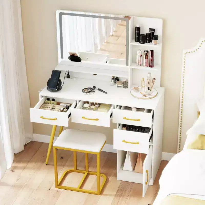 Costway Modern Vanity Desk Set with Charging Station,Hair Dryer Holder & 3-Color LED Mirror