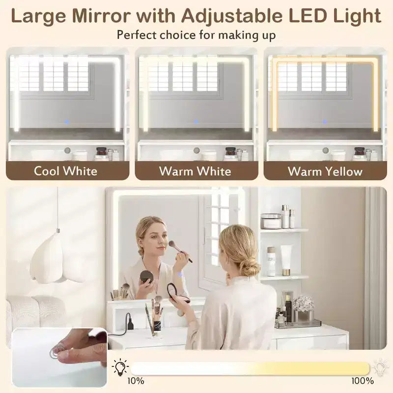 Costway Modern Vanity Desk Set with Charging Station,Hair Dryer Holder & 3-Color LED Mirror
